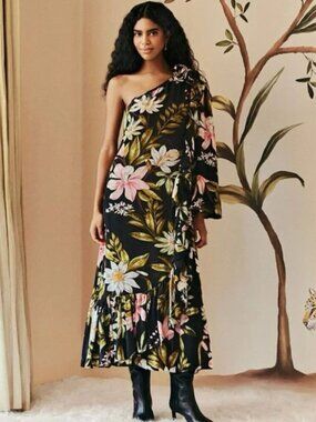 NWT Farm Rio Black Surreal Flowers One Shoulder Maxi Dress Size Medium